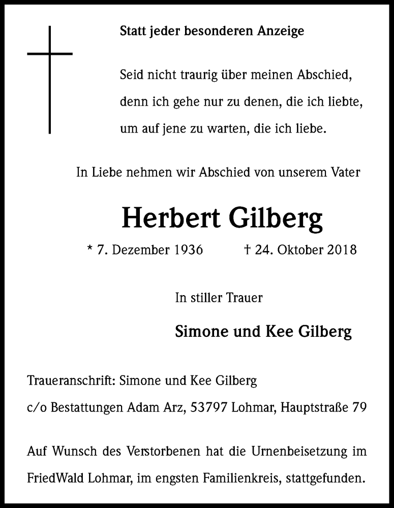  Traueranzeige für Herbert Gilberg vom 08.12.2018 aus Kölner Stadt-Anzeiger / Kölnische Rundschau / Express