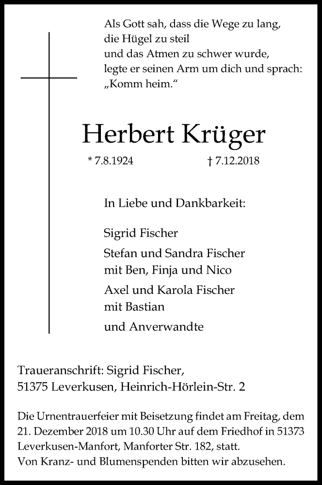  Traueranzeige für Herbert Krüger vom 15.12.2018 aus Kölner Stadt-Anzeiger / Kölnische Rundschau / Express