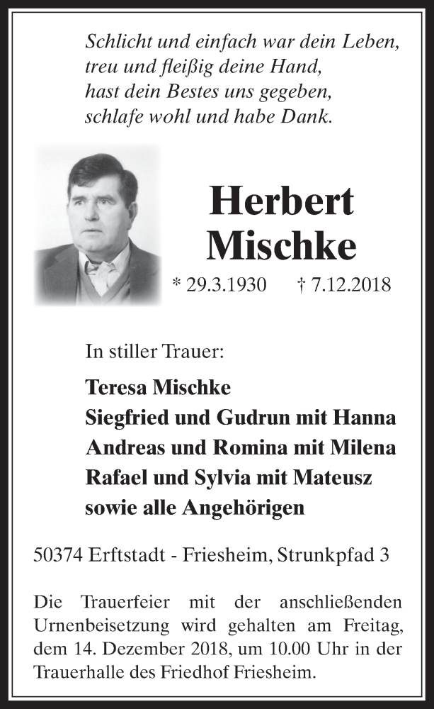  Traueranzeige für Herbert Mischke vom 12.12.2018 aus  Werbepost 