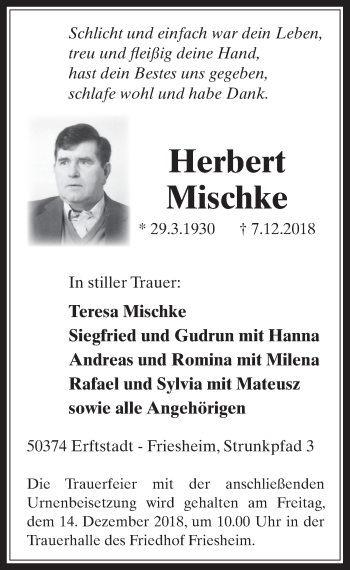 Anzeige von Herbert Mischke von  Werbepost 