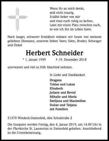 Anzeige von Herbert Schneider von Kölner Stadt-Anzeiger / Kölnische Rundschau / Express