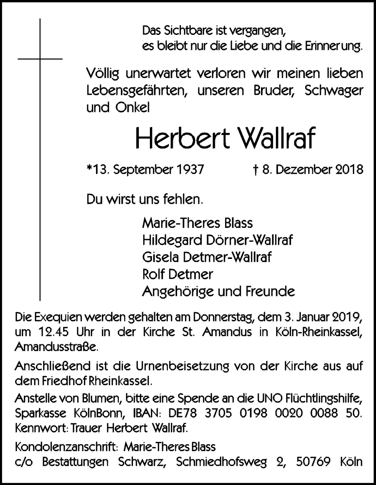  Traueranzeige für Herbert Wallraf vom 29.12.2018 aus Kölner Stadt-Anzeiger / Kölnische Rundschau / Express