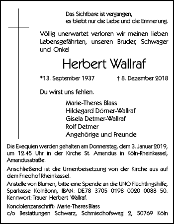 Anzeige von Herbert Wallraf von Kölner Stadt-Anzeiger / Kölnische Rundschau / Express