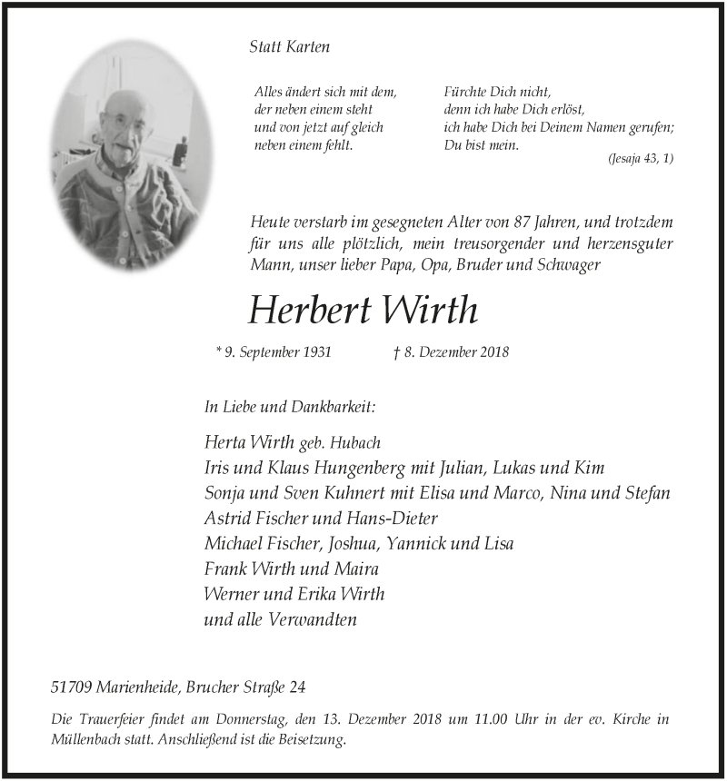  Traueranzeige für Herbert Wirth vom 12.12.2018 aus  Anzeigen Echo 