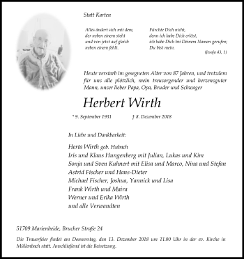 Anzeige von Herbert Wirth von Kölner Stadt-Anzeiger / Kölnische Rundschau / Express