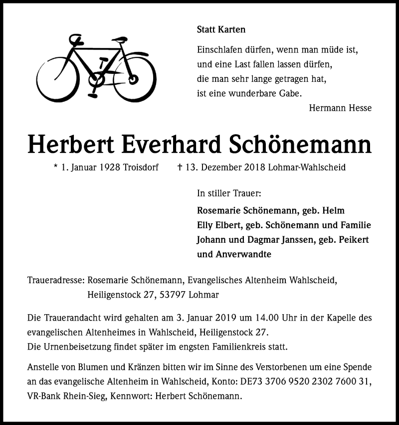  Traueranzeige für Herbert Everhard Schönemann vom 29.12.2018 aus Kölner Stadt-Anzeiger / Kölnische Rundschau / Express