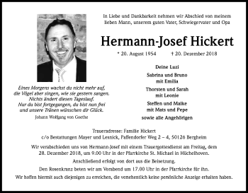Anzeige von Hermann-Josef Hickert von Kölner Stadt-Anzeiger / Kölnische Rundschau / Express
