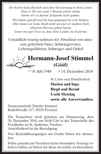 Anzeige von Hermann-Josef Stimmel von  Wochenende 