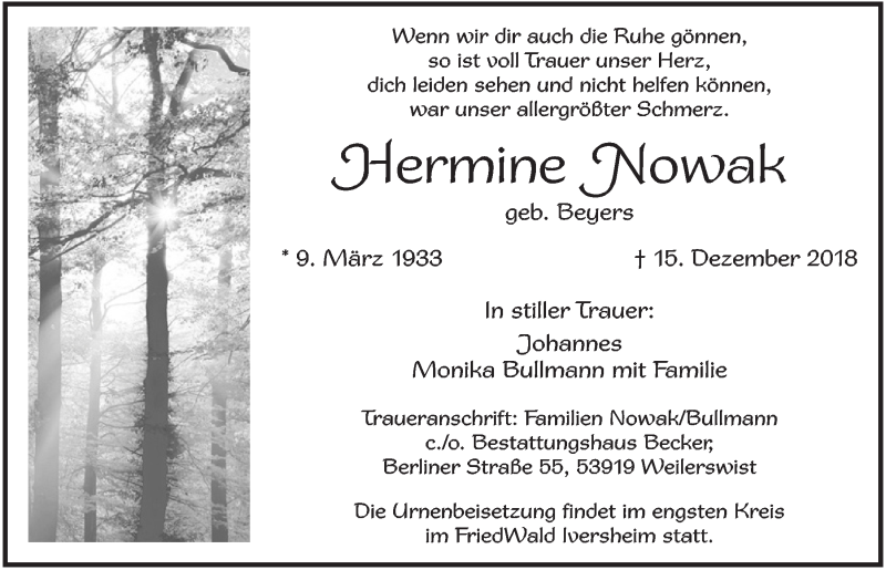  Traueranzeige für Hermine Nowak vom 22.12.2018 aus  Blickpunkt Euskirchen 
