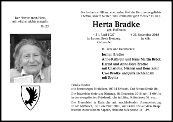 Anzeige von Herta Bradke von Kölner Stadt-Anzeiger / Kölnische Rundschau / Express