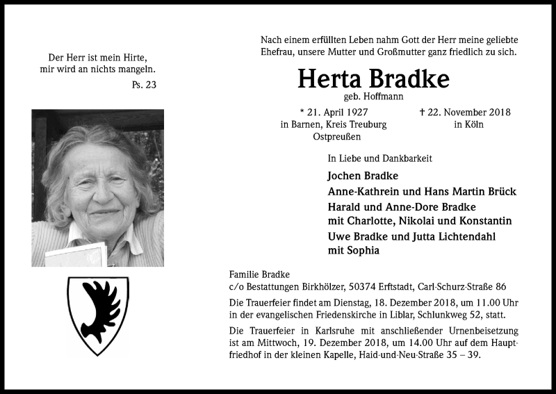  Traueranzeige für Herta Bradke vom 12.12.2018 aus Kölner Stadt-Anzeiger / Kölnische Rundschau / Express