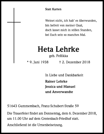 Anzeige von Heta Lehrke von Kölner Stadt-Anzeiger / Kölnische Rundschau / Express