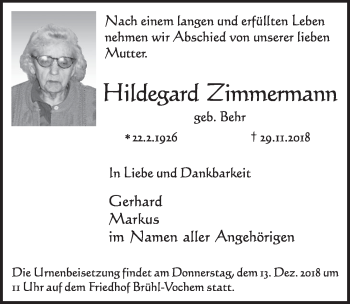 Anzeige von Hidegard Zimmermann von  Schlossbote/Werbekurier 