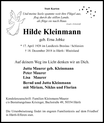 Anzeige von Hilde Kleinmann von Kölner Stadt-Anzeiger / Kölnische Rundschau / Express