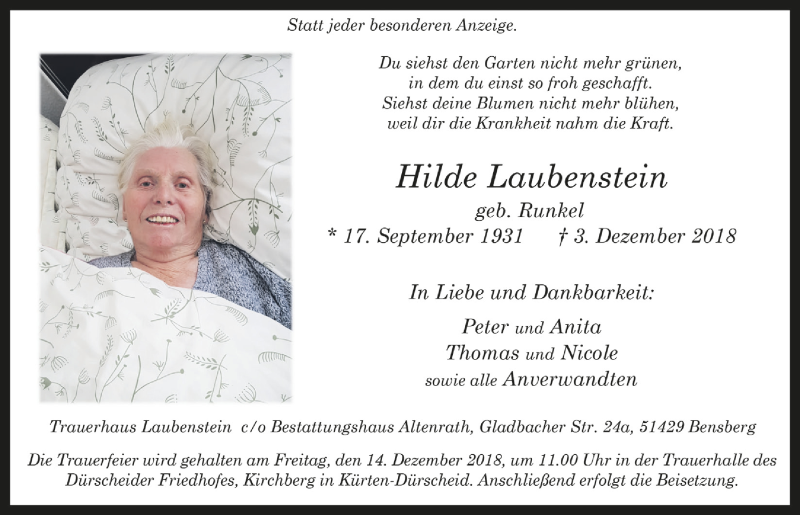  Traueranzeige für Hilde Laubenstein vom 12.12.2018 aus  Bergisches Handelsblatt 