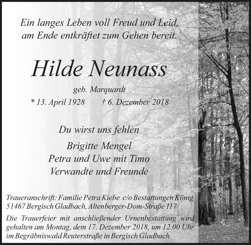  Traueranzeige für Hilde Neunass vom 12.12.2018 aus  Bergisches Handelsblatt 