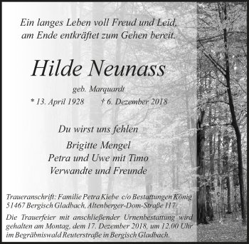 Anzeige von Hilde Neunass von  Bergisches Handelsblatt 