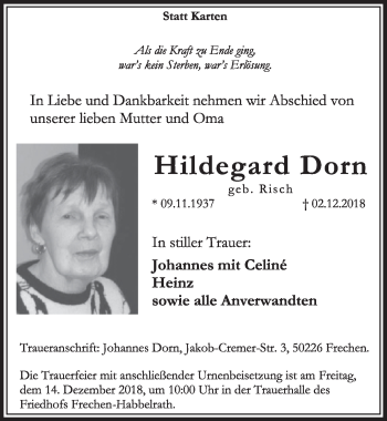 Anzeige von Hildegard Dorn von  Sonntags-Post 