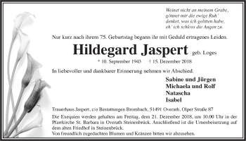 Anzeige von Hildegard Jaspert von  Bergisches Handelsblatt 