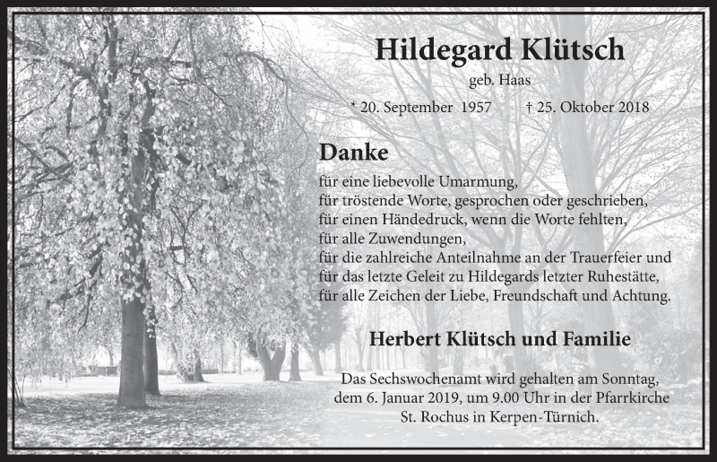 Traueranzeige für Hildegard Klütsch vom 29.12.2018 aus  Sonntags-Post 