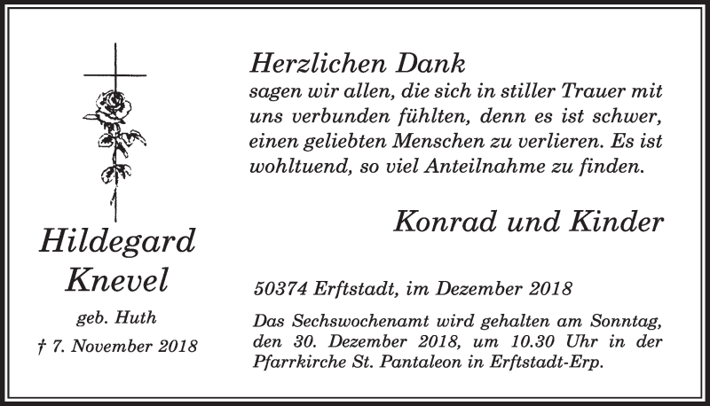  Traueranzeige für Hildegard Knevel vom 22.12.2018 aus  Sonntags-Post 
