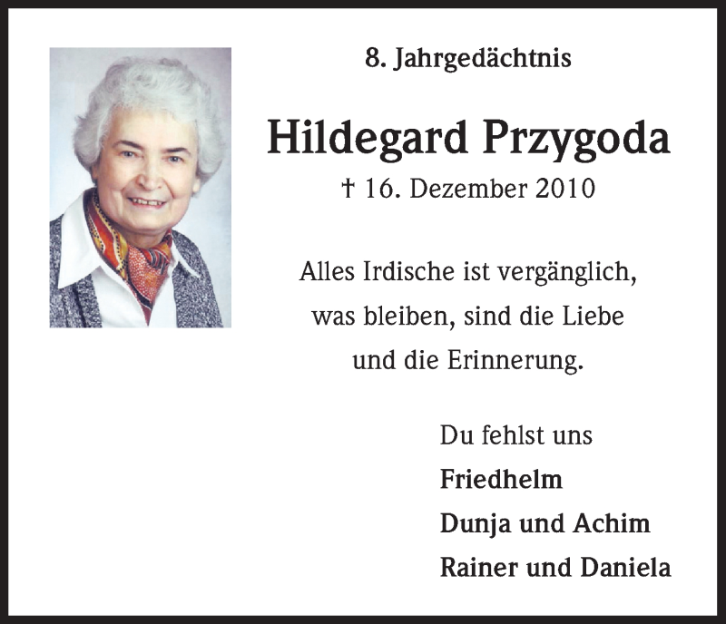  Traueranzeige für Hildegard Przygoda vom 15.12.2018 aus Kölner Stadt-Anzeiger / Kölnische Rundschau / Express
