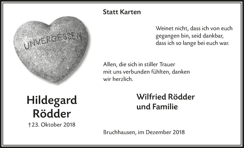 Traueranzeige für Hildegard Rödder vom 19.12.2018 aus  Lokalanzeiger 