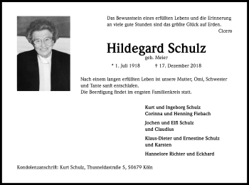 Anzeige von Hildegard Schulz von Kölner Stadt-Anzeiger / Kölnische Rundschau / Express
