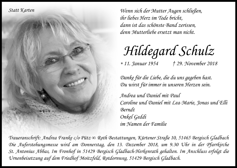  Traueranzeige für Hildegard Schulz vom 08.12.2018 aus Kölner Stadt-Anzeiger / Kölnische Rundschau / Express