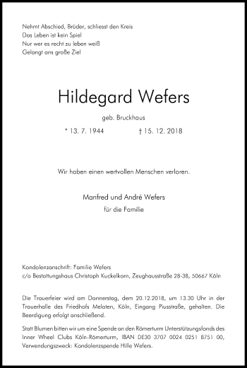 Anzeige von Hildegard Wefers von Kölner Stadt-Anzeiger / Kölnische Rundschau / Express