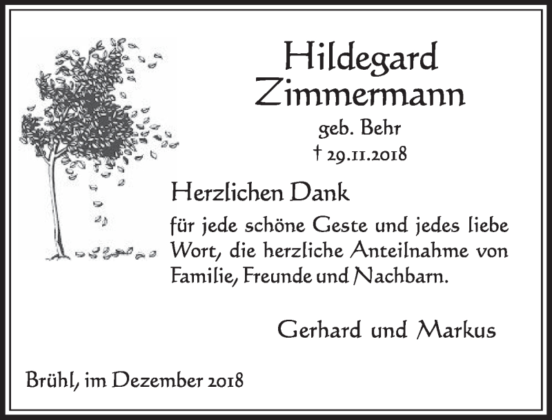  Traueranzeige für Hildegard Zimmermann vom 19.12.2018 aus  Schlossbote/Werbekurier 