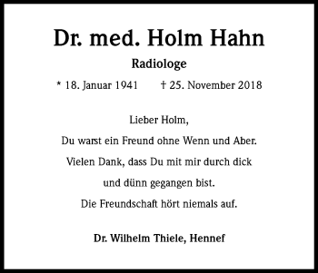 Anzeige von Holm Hahn von Kölner Stadt-Anzeiger / Kölnische Rundschau / Express