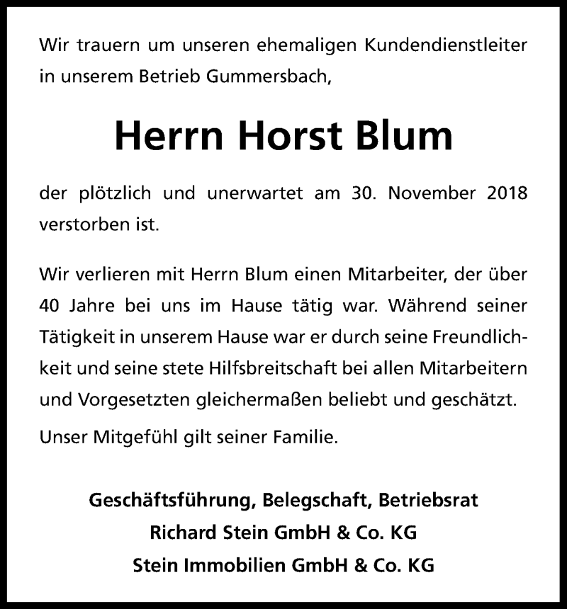  Traueranzeige für Horst Blum vom 11.12.2018 aus Kölner Stadt-Anzeiger / Kölnische Rundschau / Express