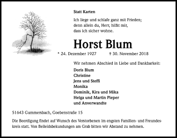 Anzeige von Horst Blum von Kölner Stadt-Anzeiger / Kölnische Rundschau / Express