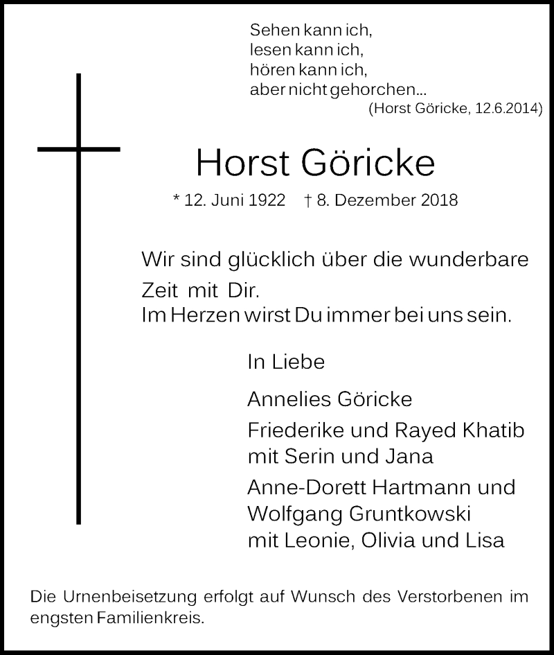  Traueranzeige für Horst Göricke vom 15.12.2018 aus Kölner Stadt-Anzeiger / Kölnische Rundschau / Express