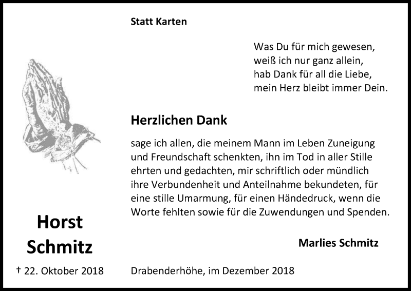 Traueranzeige für Horst Schmitz vom 15.12.2018 aus Kölner Stadt-Anzeiger / Kölnische Rundschau / Express