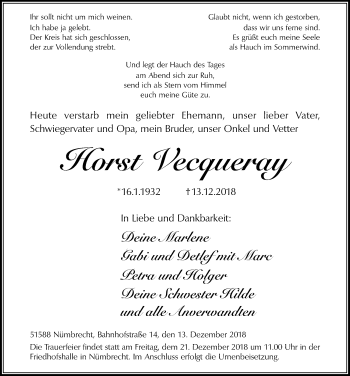 Anzeige von Horst Vecqueray von  Lokalanzeiger 
