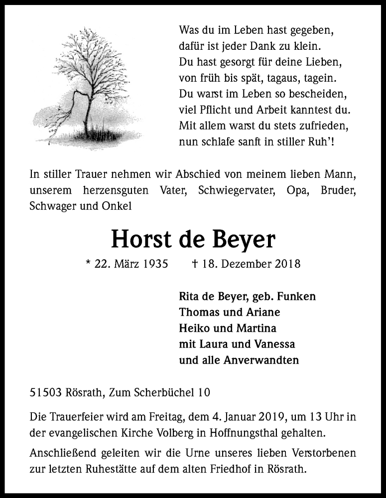  Traueranzeige für Horst de Beyer vom 29.12.2018 aus Kölner Stadt-Anzeiger / Kölnische Rundschau / Express