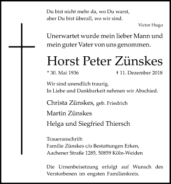 Anzeige von Horst Peter Zünskes von Kölner Stadt-Anzeiger / Kölnische Rundschau / Express