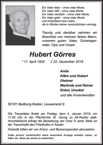 Anzeige von Hubert Görres von  Sonntags-Post 