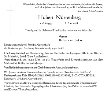 Anzeige von Hubert Nürrenberg von  Schlossbote/Werbekurier 
