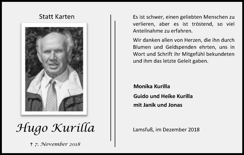  Traueranzeige für Hugo Kurilla vom 15.12.2018 aus Kölner Stadt-Anzeiger / Kölnische Rundschau / Express