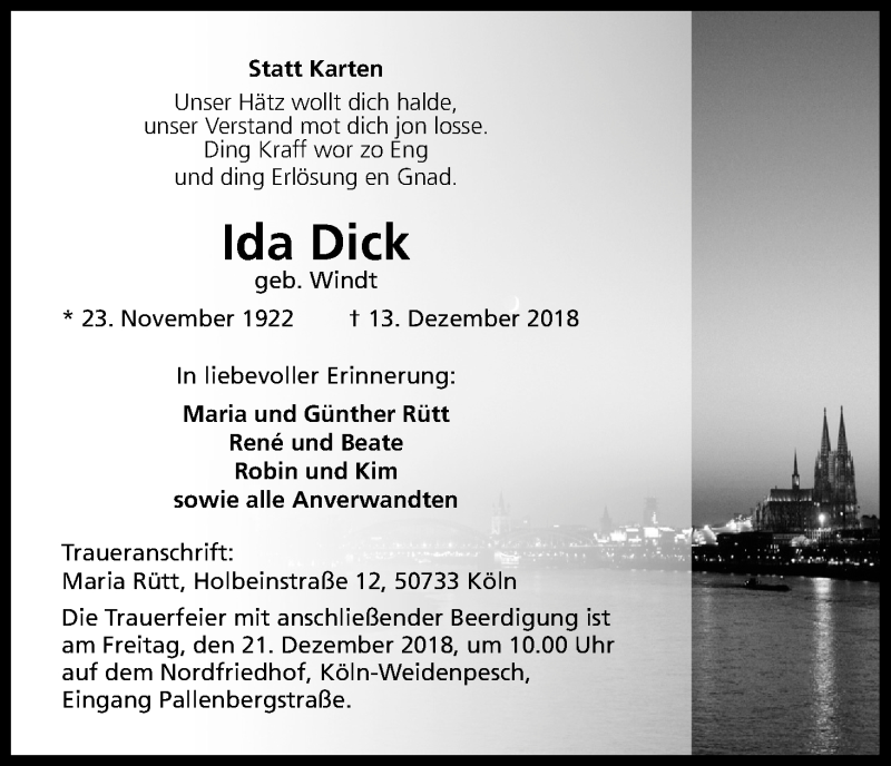  Traueranzeige für Ida Dick vom 15.12.2018 aus Kölner Stadt-Anzeiger / Kölnische Rundschau / Express