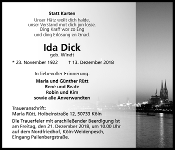 Anzeige von Ida Dick von Kölner Stadt-Anzeiger / Kölnische Rundschau / Express