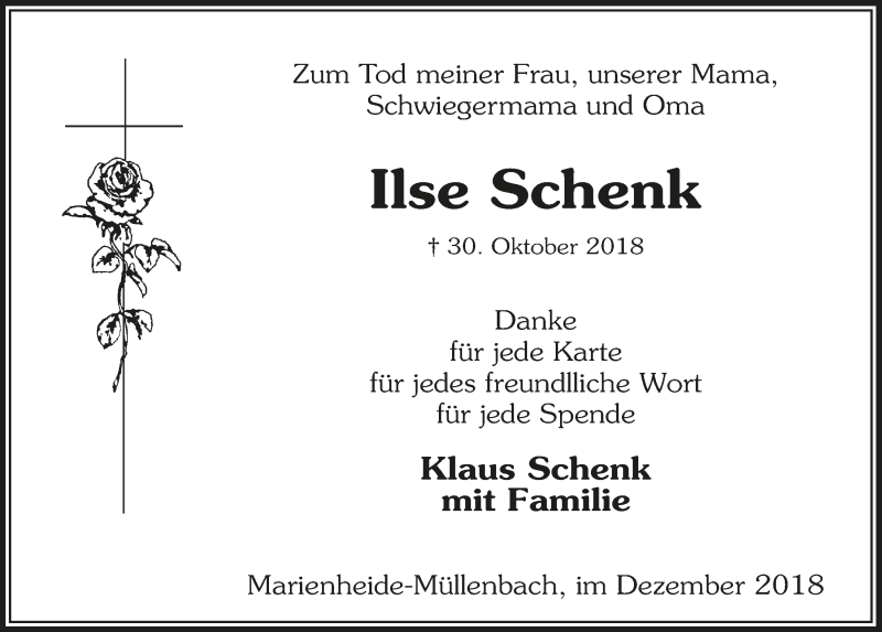  Traueranzeige für Ilse Schenk vom 19.12.2018 aus  Anzeigen Echo 