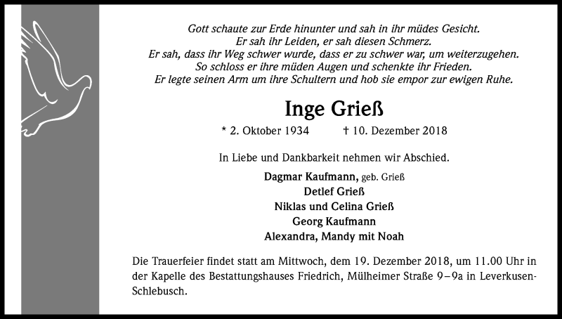 Traueranzeige für Inge Grieß vom 15.12.2018 aus Kölner Stadt-Anzeiger / Kölnische Rundschau / Express