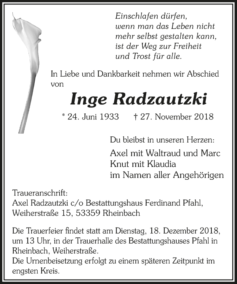  Traueranzeige für Inge Radzautzki vom 12.12.2018 aus  Schaufenster/Blickpunkt 