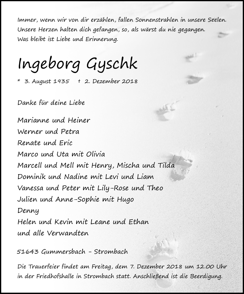  Traueranzeige für Ingeborg Gyschk vom 05.12.2018 aus Kölner Stadt-Anzeiger / Kölnische Rundschau / Express