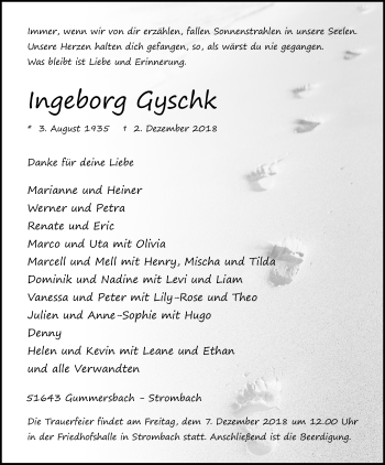 Anzeige von Ingeborg Gyschk von Kölner Stadt-Anzeiger / Kölnische Rundschau / Express