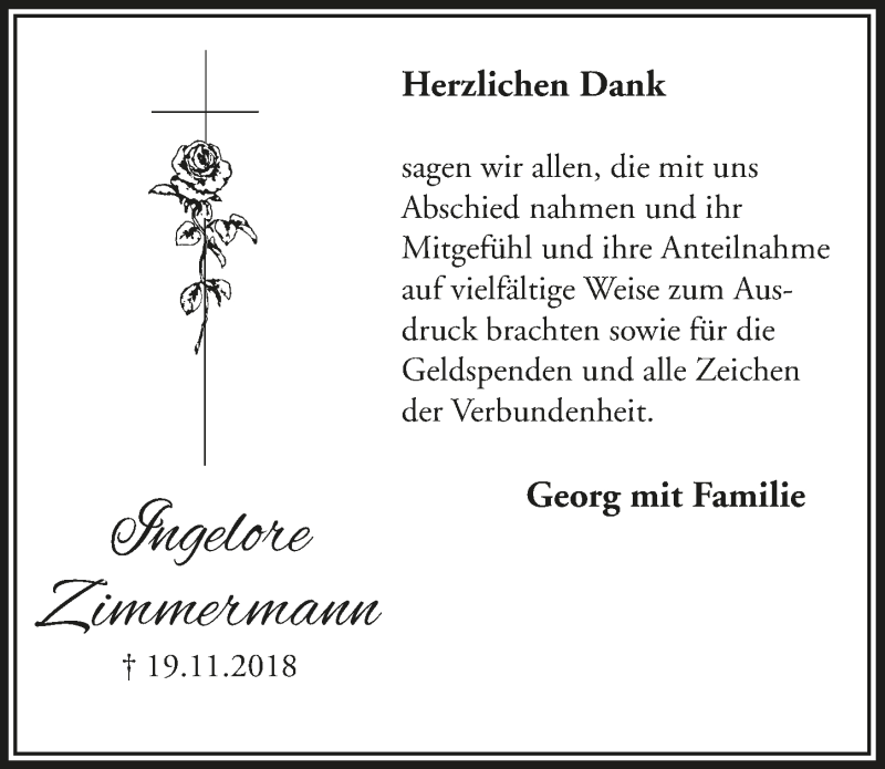  Traueranzeige für Ingelore Zimmermann vom 12.12.2018 aus  Lokalanzeiger 